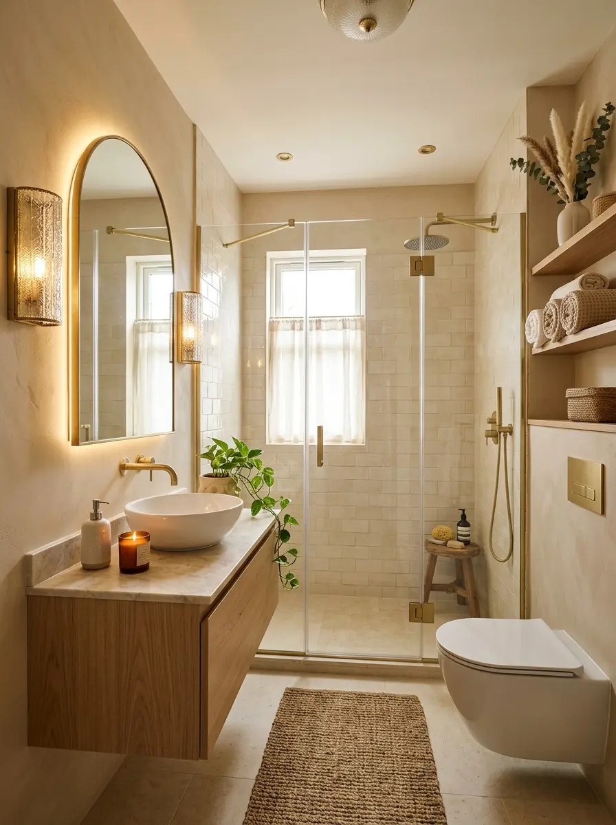 Small bathroom interior styled with warm textures, layered lighting, beige and ivory tones, and minimal clutter for a spacious feel.
