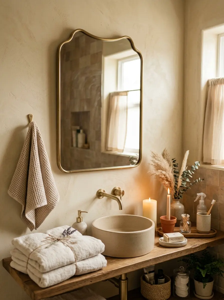 A stunning neutral bathroom with candles, curved mirror, beige ceramics, fluffy towels, and dreamy soft lighting.