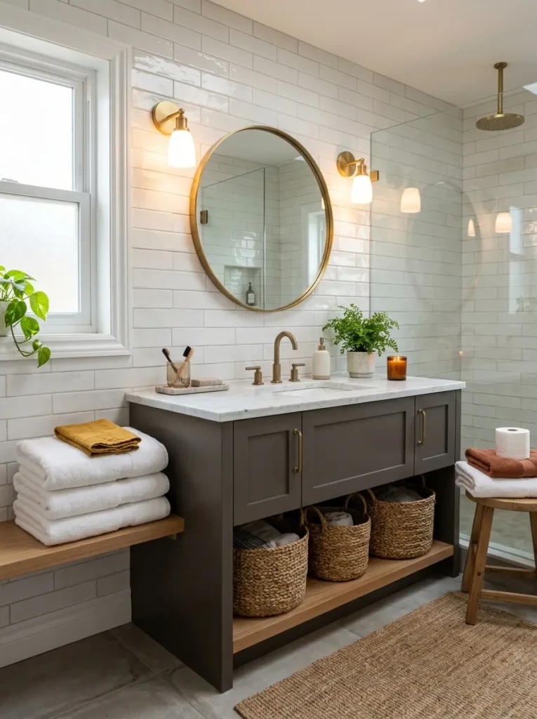Stylish bathroom interior featuring glossy tiles, matte vanity, plush towels, and woven baskets for rich visual layering.
