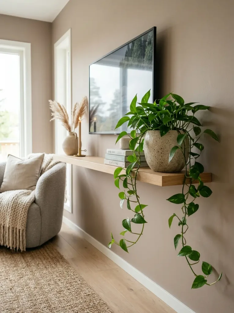A stylish floating TV shelf with a trailing pothos plant in a ceramic planter creating a soft organic living room look.