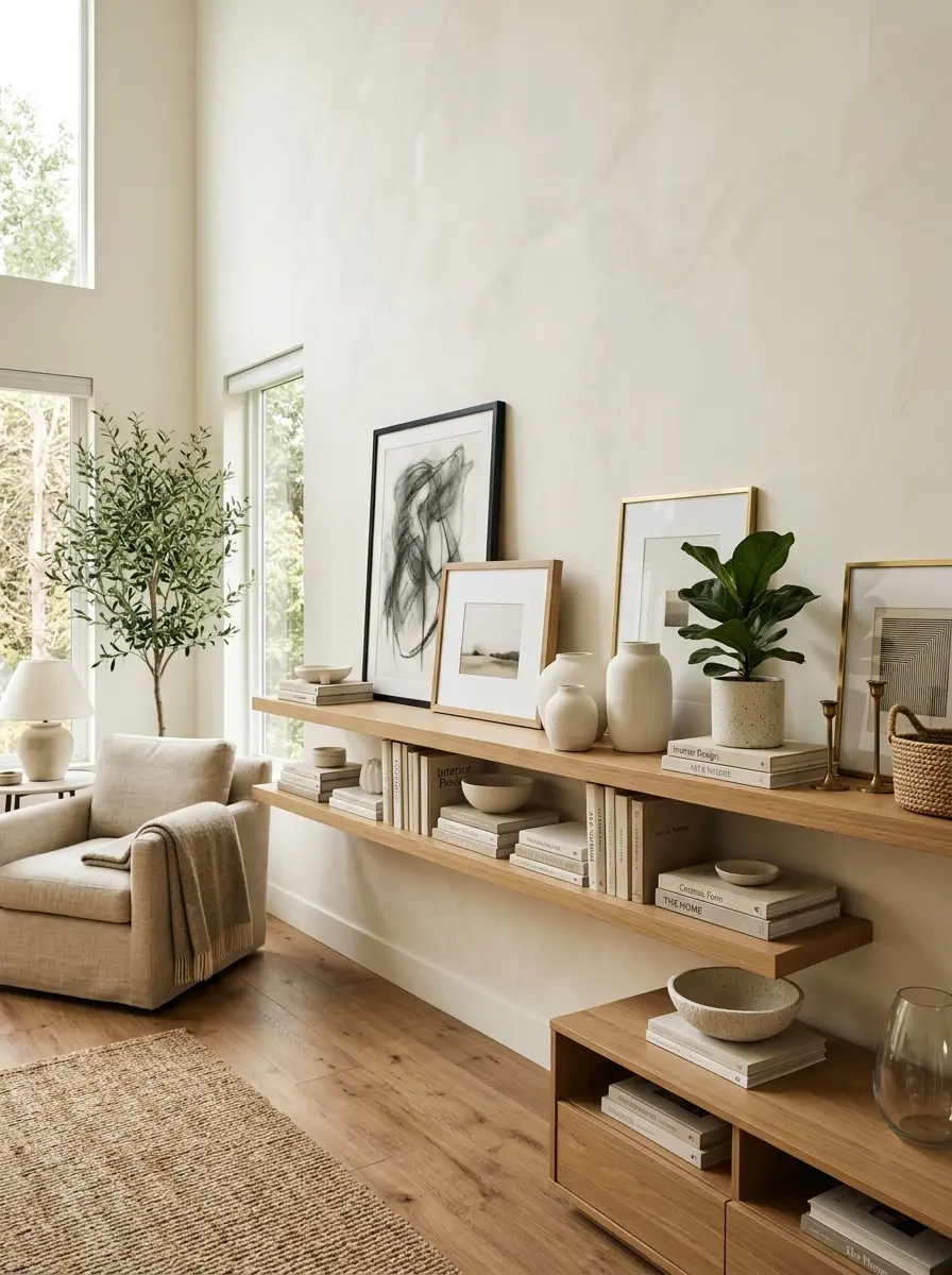 A modern interior with long floating shelf decor as the focal point, layered with framed art, books, oak wood, and creamy ceramic accents.