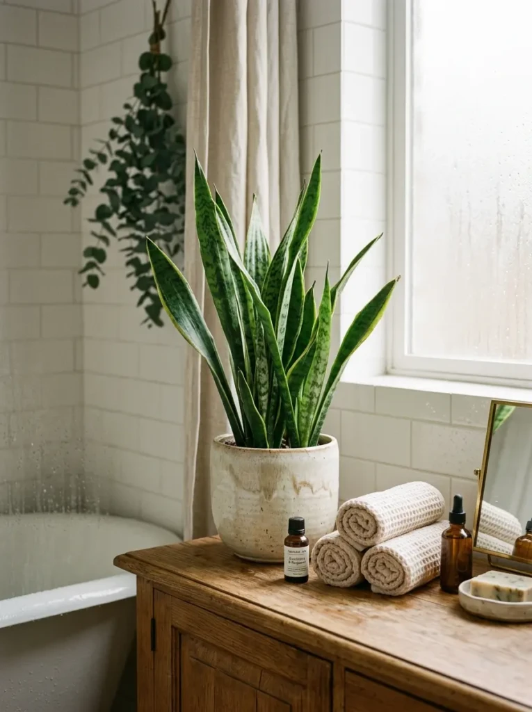 Bathroom vanity corner with snake plant in ceramic pot bringing organic softness and natural elegance.