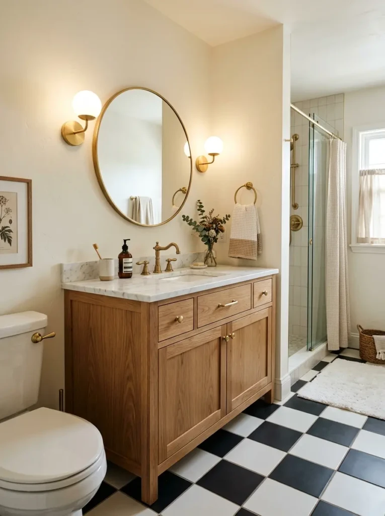 Warm wood vanity paired with bold checkerboard floor tiles and soft neutral walls for playful elegance.