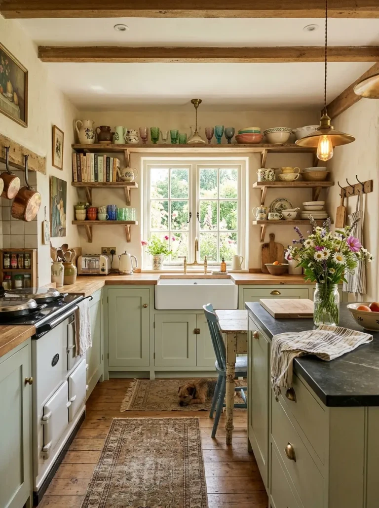 A wide view of a pastel-toned vintage kitchen with open shelves, retro lights, farmhouse sink, and fresh flowers.