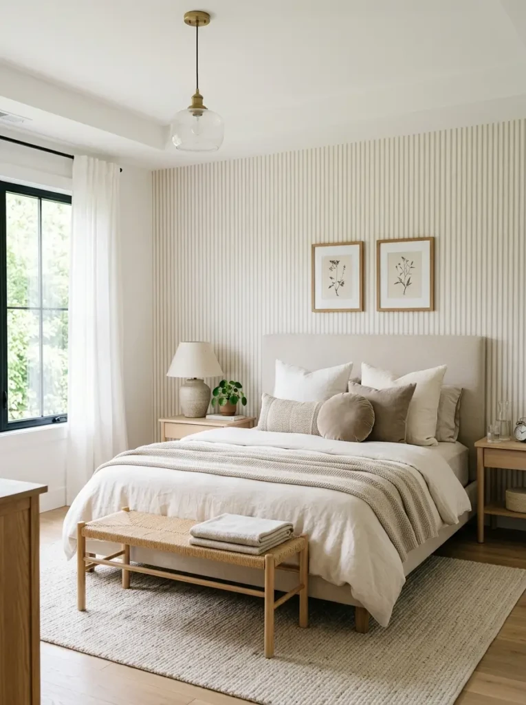 A bedroom with a subtle striped wallpaper accent wall behind the bed and minimal neutral decor