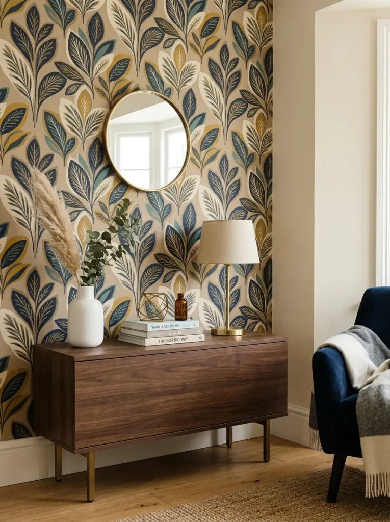 A close-up of a patterned wallpaper accent wall styled with minimal decor and cohesive colors