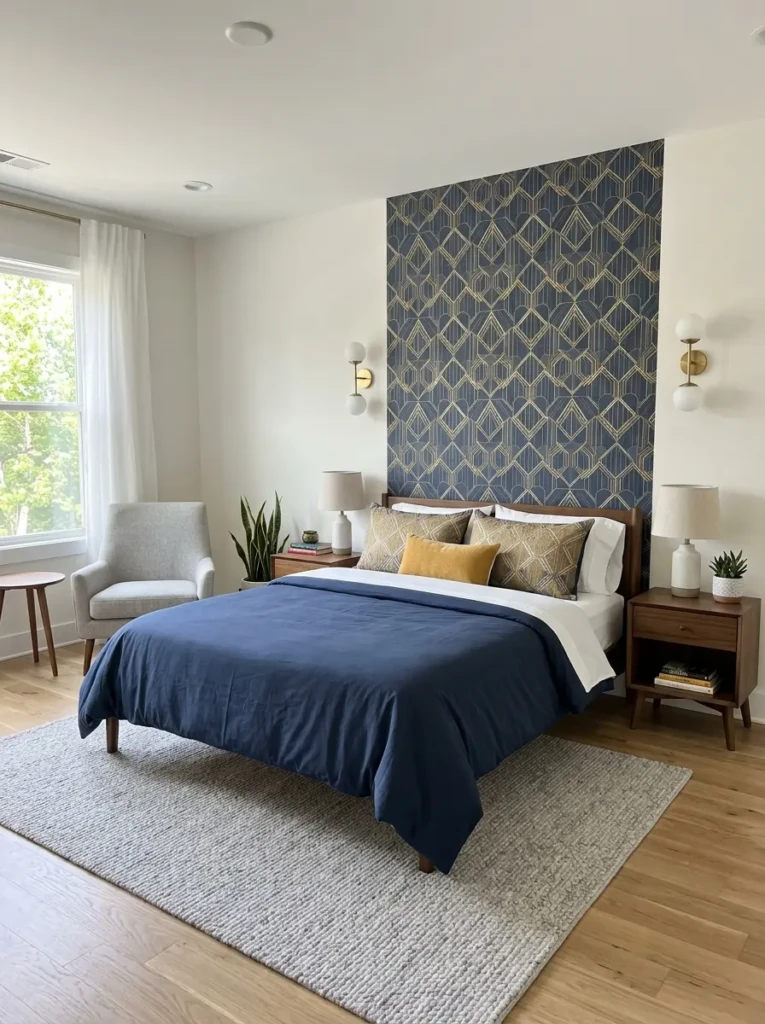 A stylish bedroom with a feature wallpaper wall and neutral surrounding decor
