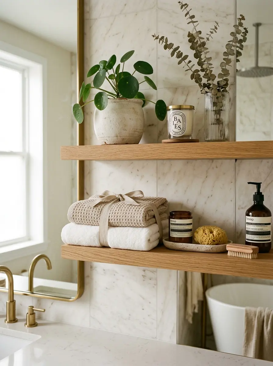 A stylish apartment bathroom featuring layered floating shelf decor with towels, candles, plants, and beige tones.