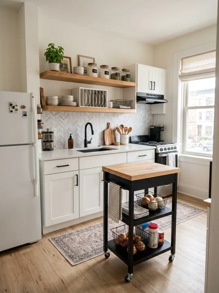 Compact apartment kitchen with renter-friendly farmhouse-modern upgrades and storage ideas.