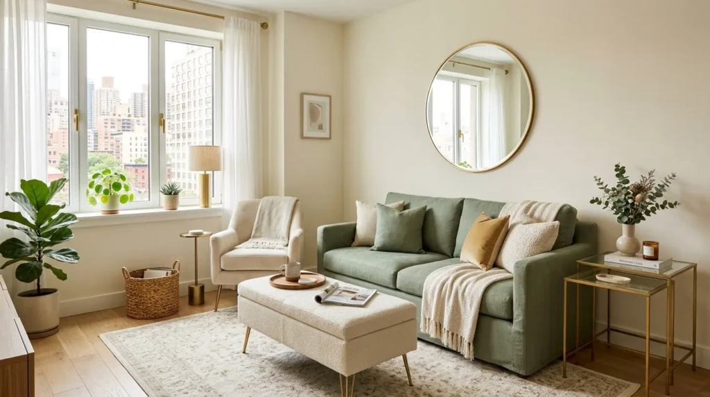 A compact apartment living room with sage green seating, slim gold tables, round mirror, and airy elegant styling.