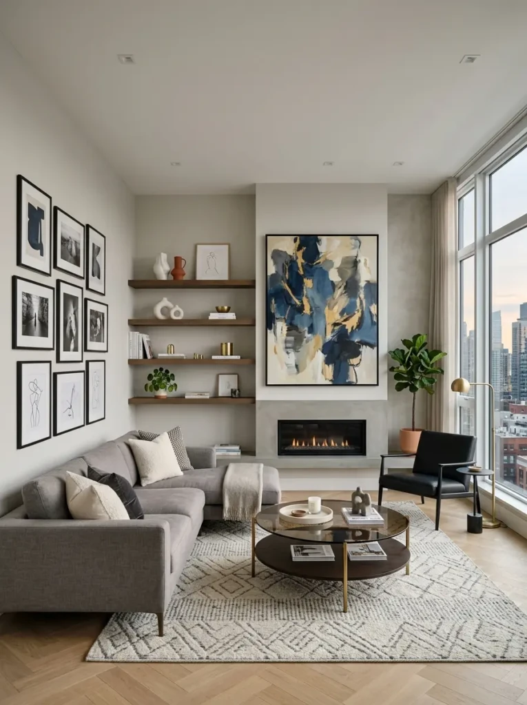 Apartment living room with oversized wall art and clean gallery-style wall styling.