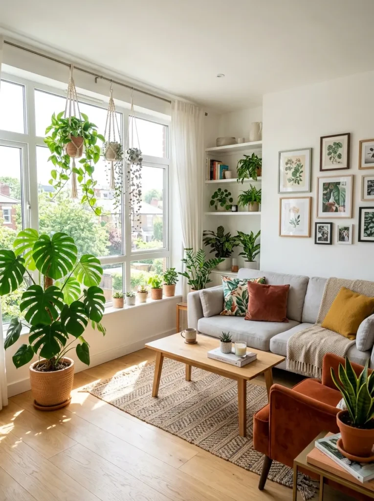 Bright apartment living room with indoor plants adding freshness and natural texture.