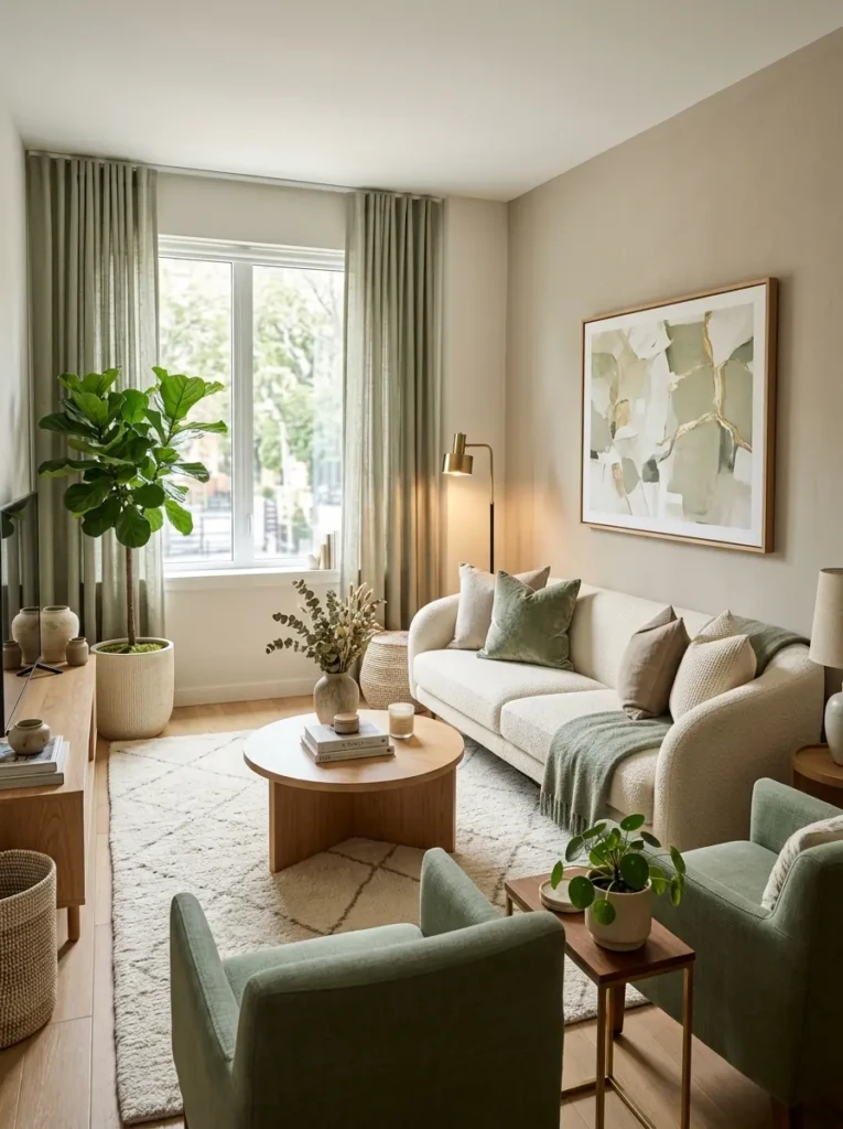 Apartment living room styled in cream, taupe, and sage tones with matching decor accents.