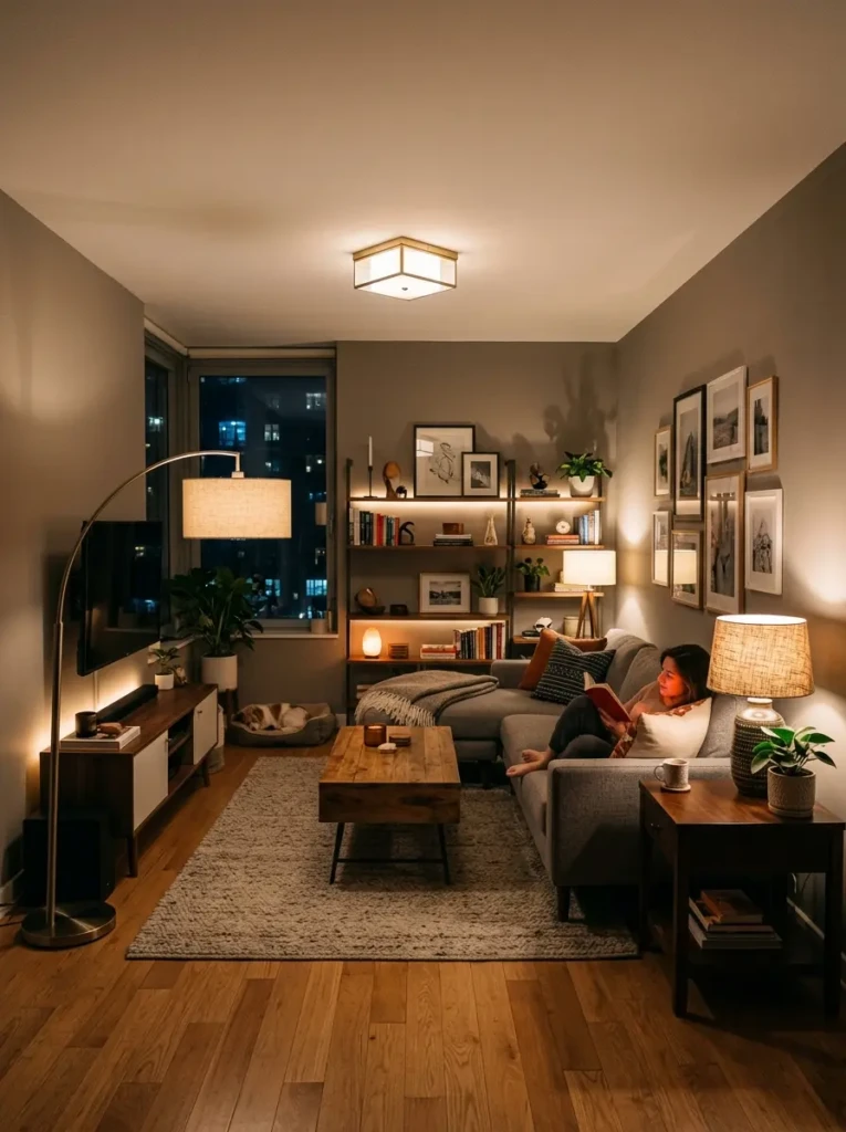 Apartment living room with ceiling lights, floor lamp, and warm layered lighting design.