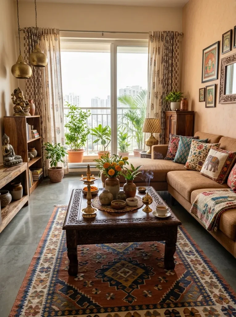 Apartment living room with Indian decor accents including carved wood, brass lamps, and patterned cushions.