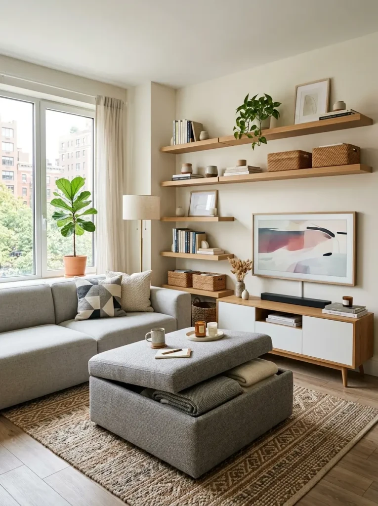 Modern apartment living room featuring hidden storage ottoman and floating shelves.