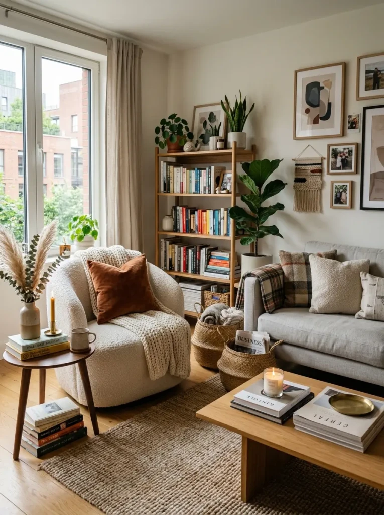 Cozy apartment living room with layered textures, books, candles, and personalized decor.