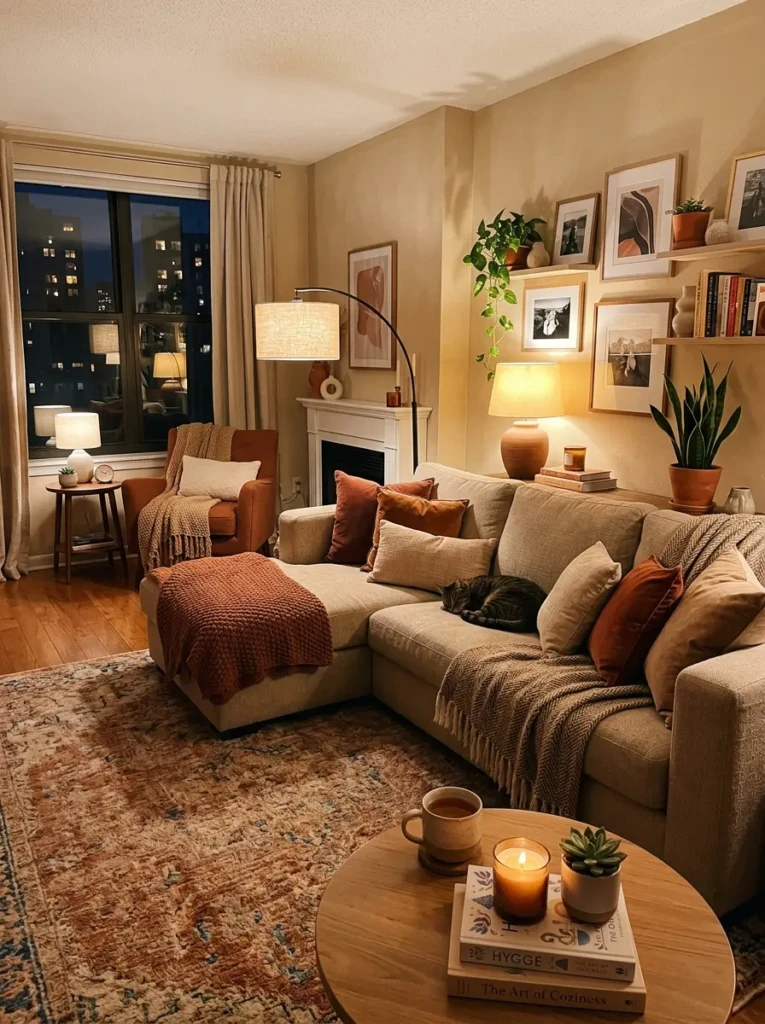 Cozy apartment living room with soft cushions, warm throws, textured rug, and ambient lighting.