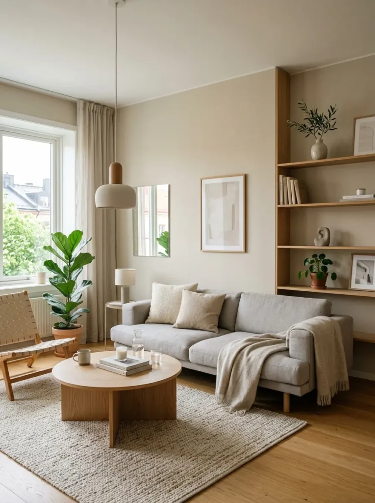 Minimalist apartment living room with clean lines, neutral tones, and uncluttered styling.