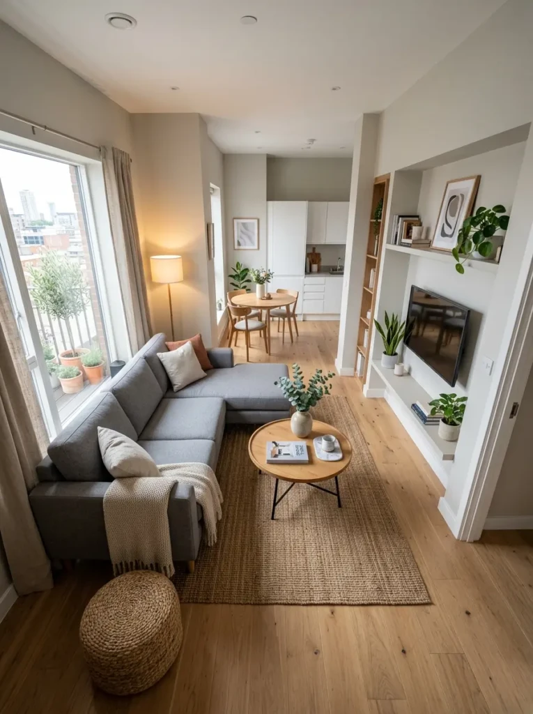 Small apartment living room with space-saving furniture arrangement and clear walking paths.