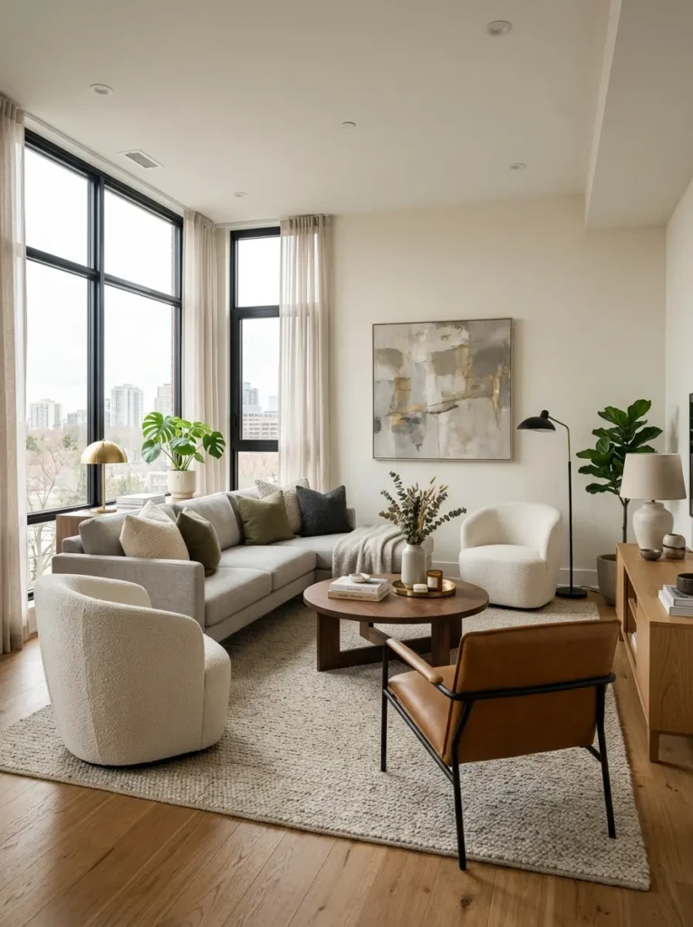 Modern apartment living room inspiration with neutral furniture, warm textures, and elegant decor layout.