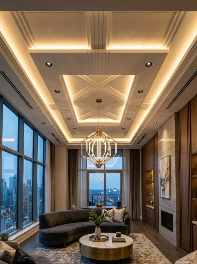 Elegant apartment living room ceiling with recessed lighting and modern pendant fixture.
