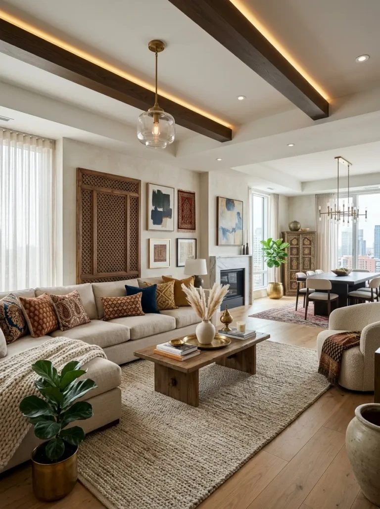 Stylish apartment living room combining cozy, minimalist, luxury, and open concept design elements.
