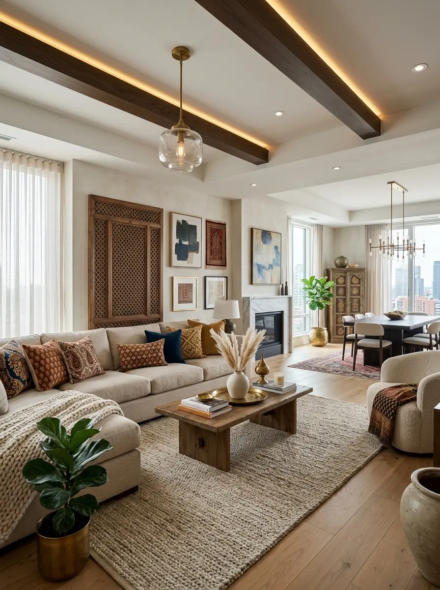 Stylish apartment living room combining cozy, minimalist, luxury, and open concept design elements.