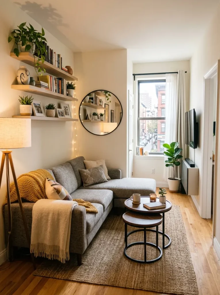 A stylish apartment living room with compact sectional seating, wall shelves, nesting tables, and warm lighting.