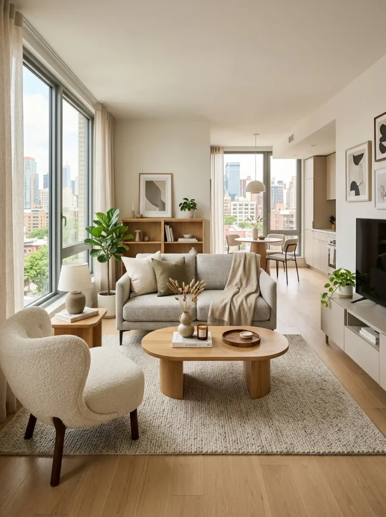 Modern apartment living room with clear furniture layout, open walking space, compact sofa, accent chair, and balanced functional zoning.