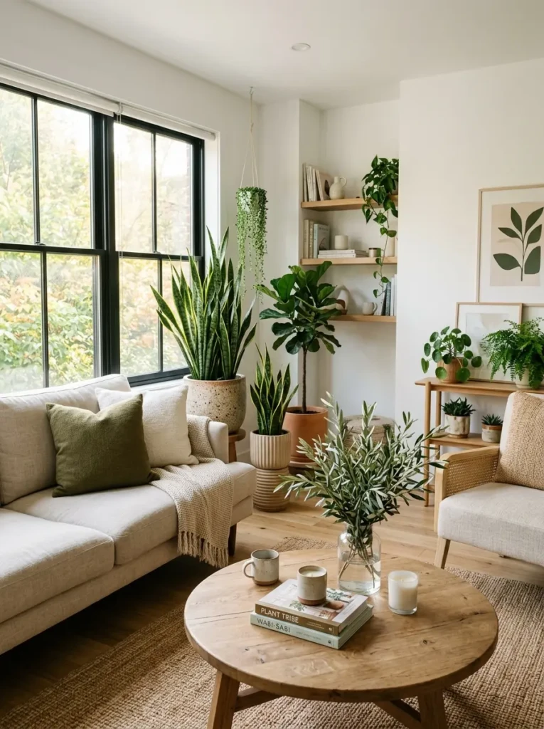 Fresh apartment living room with snake plants, olive branches, designer pots, and soft natural sunlight.