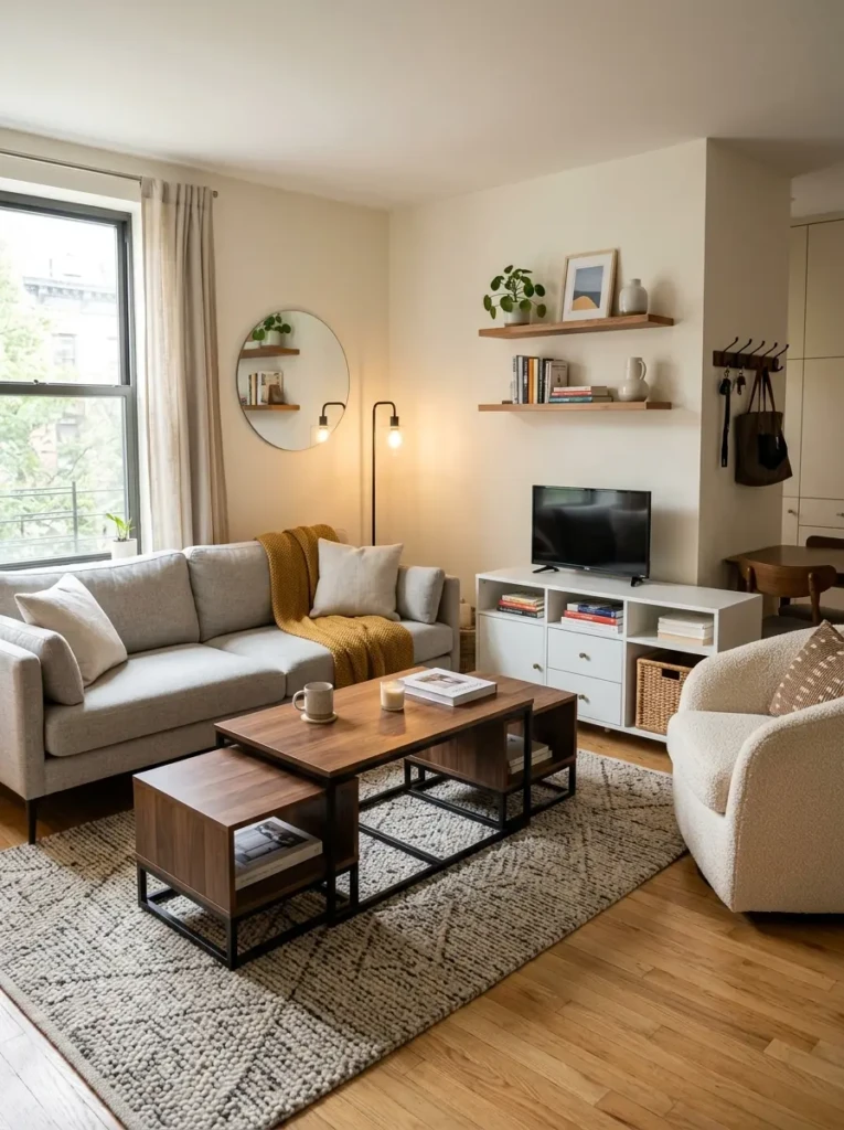 Small apartment living room with nesting coffee tables designed for storage and flexible everyday use.