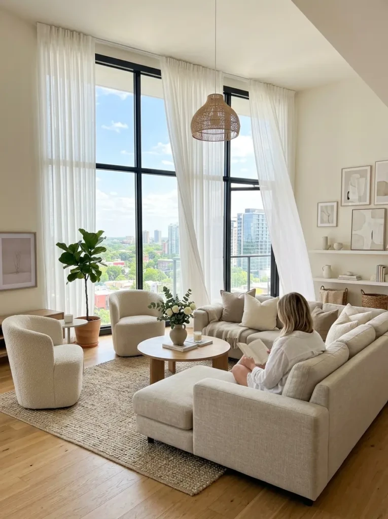 Bright apartment living room with sheer linen curtains, large windows, and breezy modern neutral styling.