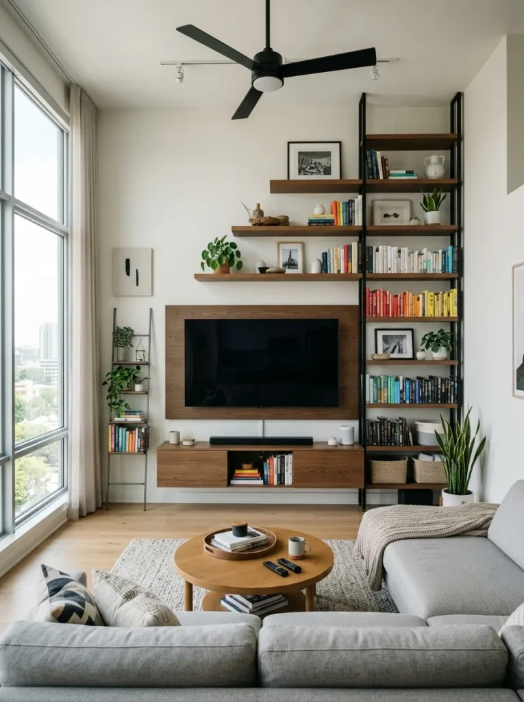 Apartment living room with tall shelving, floating cabinets, and wall-mounted storage for space-saving organization.