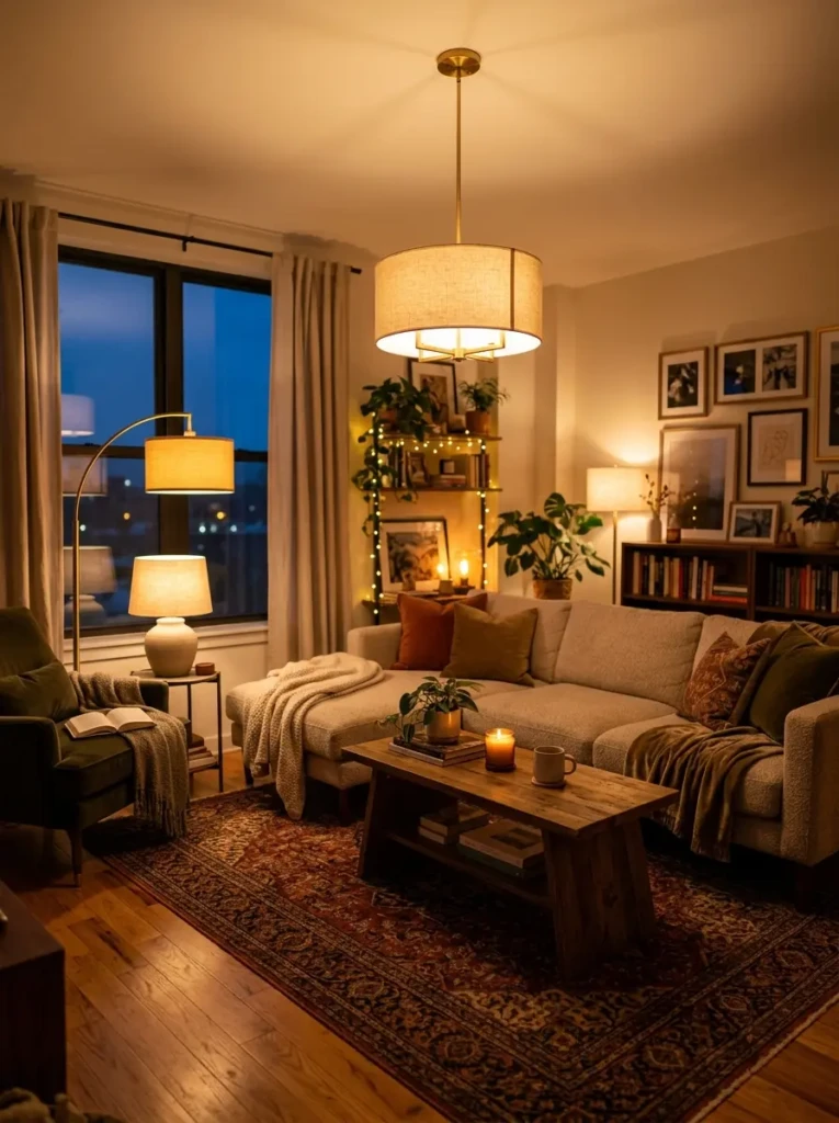 Warm apartment living room with ceiling light, floor lamp, and table lamp creating layered evening ambiance.