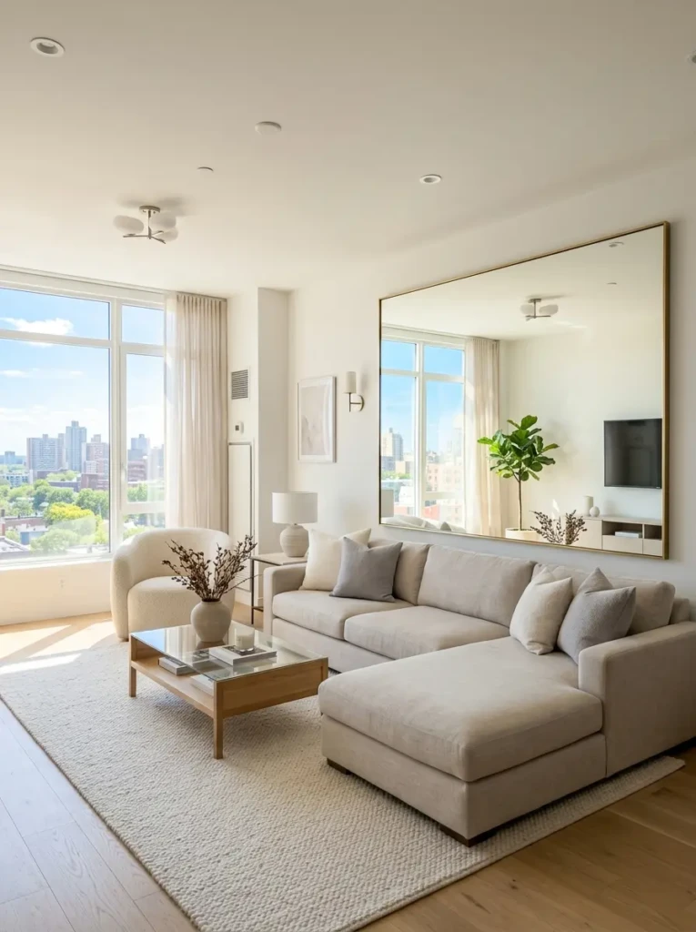 Apartment living room with oversized wall mirror reflecting sunlight to create a spacious and bright feel.