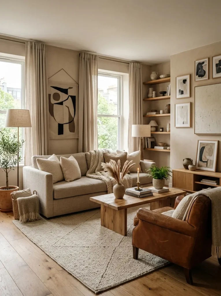 Neutral apartment living room featuring linen curtains, boucle cushions, wool rug, leather accents, and wood textures.