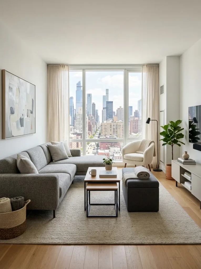 Modern apartment living room with multifunctional furniture, neutral decor, and large bright windows.