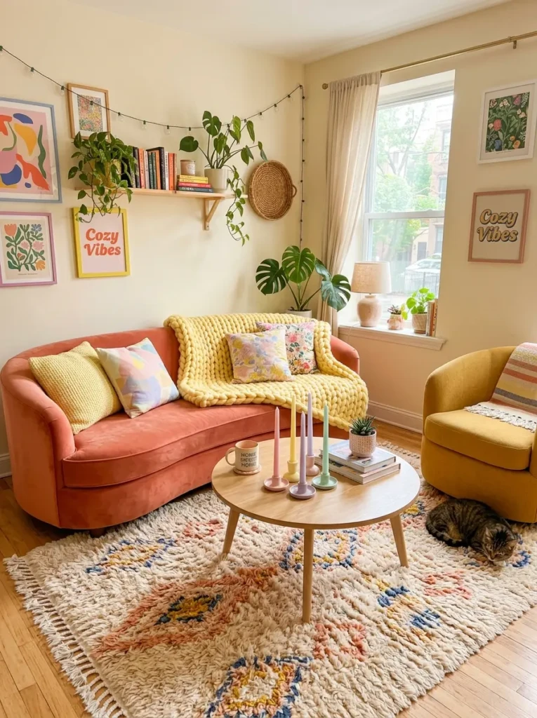 Cute colorful apartment living room with rounded furniture, fluffy rug, pastel candles, oversized blanket, and soft warm accents.