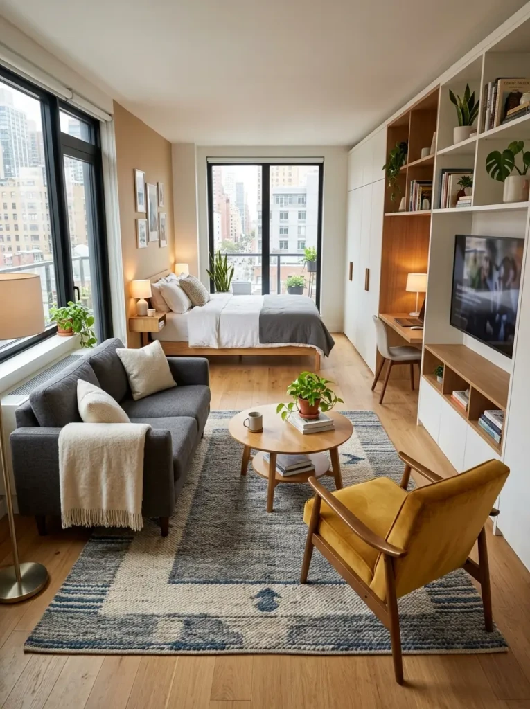 A studio apartment living room with rug zoning, loveseat seating, and smart multifunctional layout.
