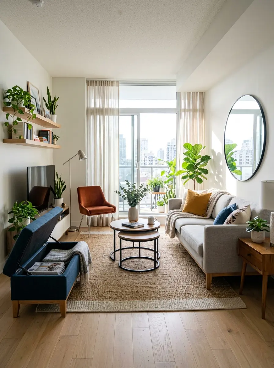 A modern apartment living room with nesting tables, storage ottoman, wall shelves, and a mirror reflecting sunlight.