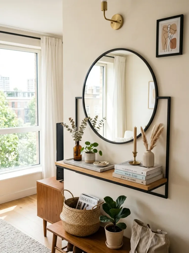 Compact apartment wall using mirror and floating shelf to create an airy spacious look.