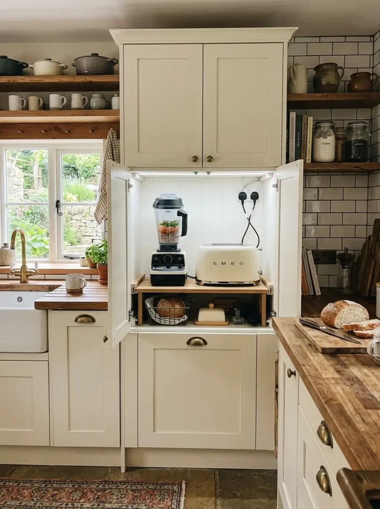 Hidden appliance cabinet storing toaster and blender in a compact farmhouse U-shaped kitchen.