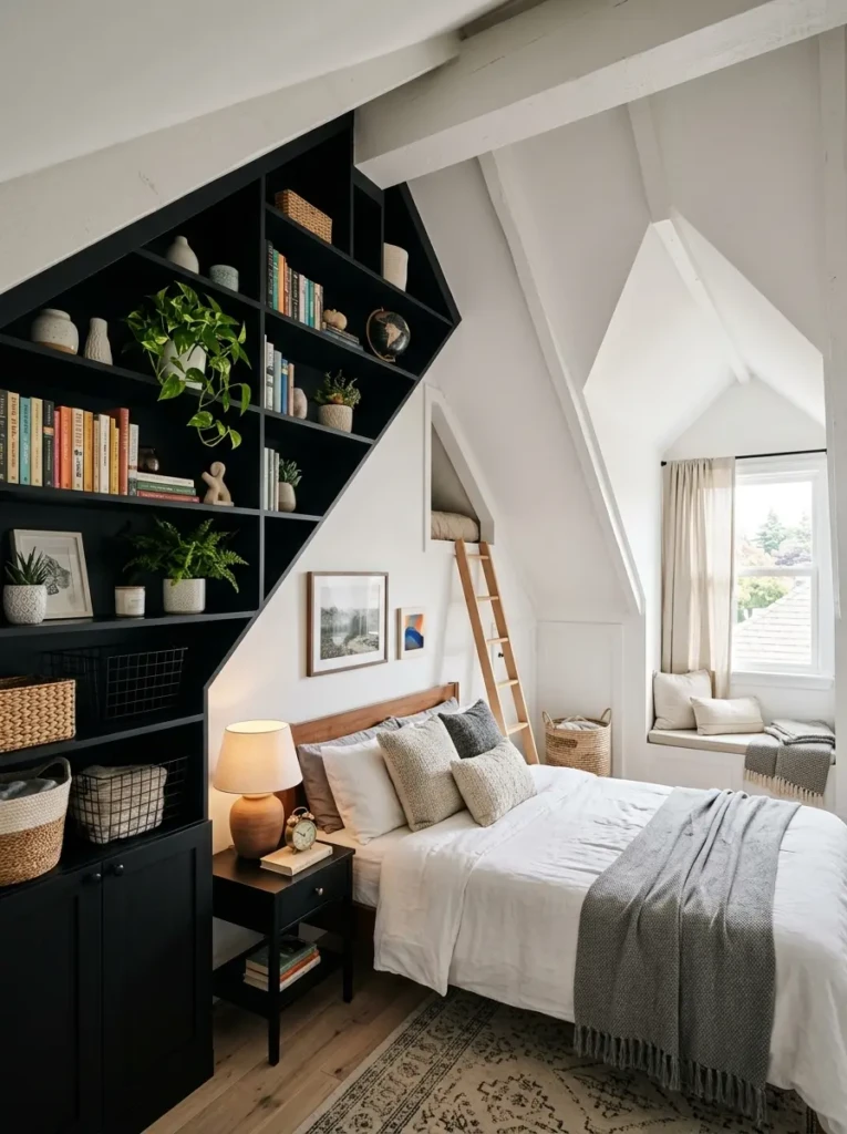 Stylish attic bedroom with built-in black shelving and angled white ceilings.