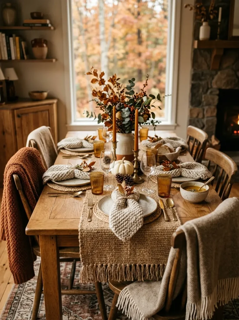 A warm autumn table setup with woven runners, knit napkins, and soft blankets draped over chairs for a cozy inviting feel.