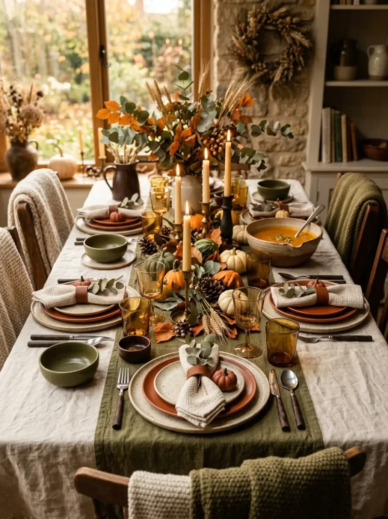 A beautifully styled autumn table featuring burnt orange, olive green, cream, and brown tones with layered textures and natural elements.