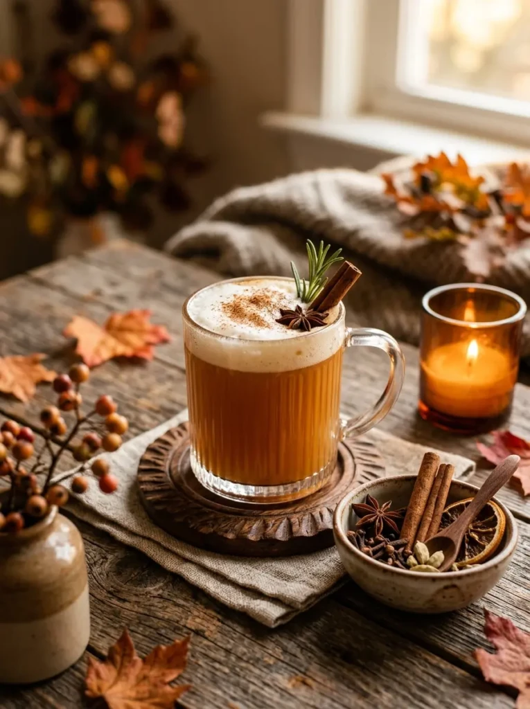 Close-up of glasses, spices, and warm drinks arranged for a Thanksgiving gathering
