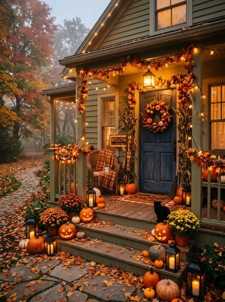 Cozy Halloween front entrance with pumpkins, lanterns, and warm lighting creating an inviting autumn porch scene