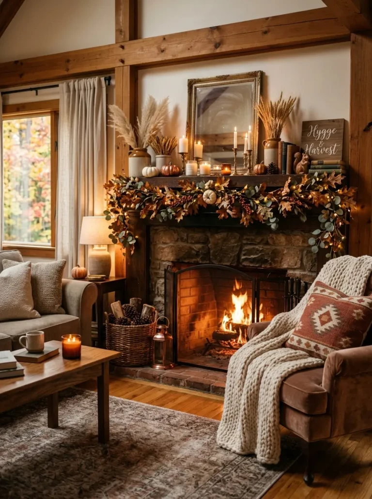 Warm and inviting fall mantle decor glowing softly with layered seasonal accents