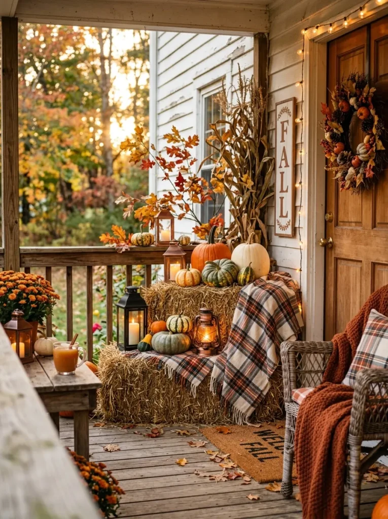 Porch decorated with small hay bales, pumpkins, lanterns, and plaid accents in a warm farmhouse Halloween style